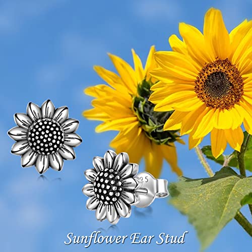 POPLYKE 925 Sterling Silver Antiqued Sunflower Stud Earrings Bohemian Oxidation Sunflower Earrings for Women Mother Birthday Halloween