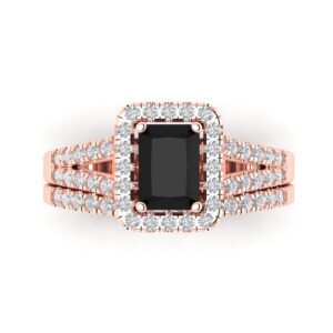 1.60ct Emerald Halo Solitaire Genuine Natural Black Onyx Engagement Promise Anniversary Bridal Ring Band set 18K Rose Gold 9