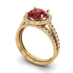 Clara Pucci 2.82 ct Round Cut Halo Solitaire Natural Red Garnet Designer Art Deco Statement Wedding Ring Band Set 18K Yellow Gold 7