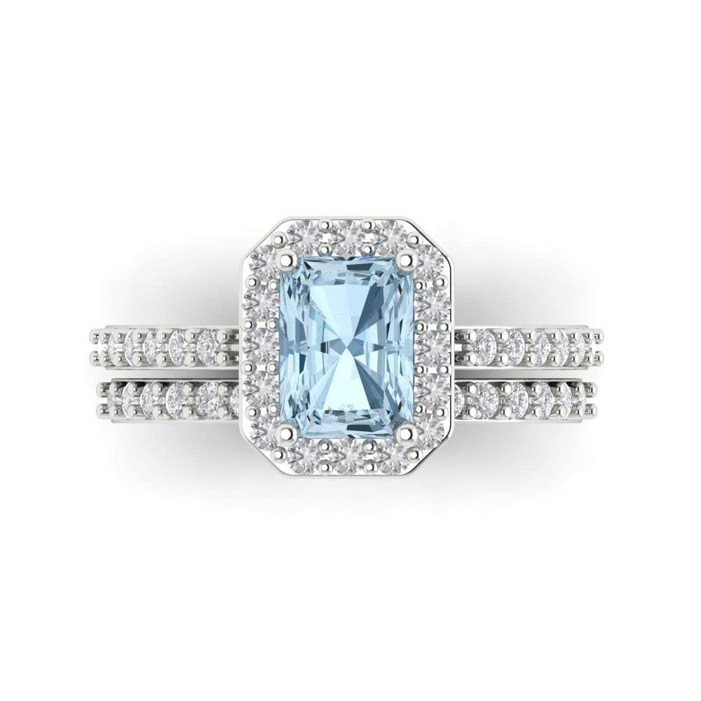 Clara Pucci 2.3 ct Emerald Cut Halo Solitaire Natural Aquamarine Designer Art Deco Statement Wedding Ring Band Set 18K White Gold 8.5