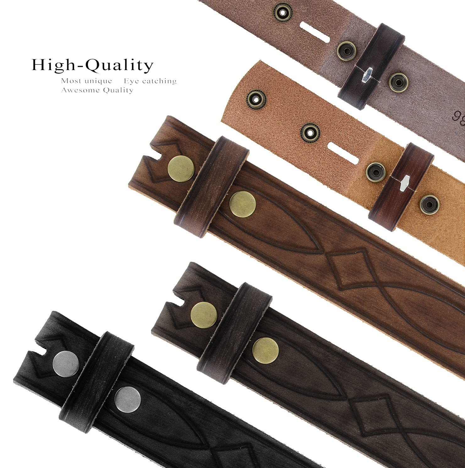 One Piece Genuine Full Grain Leather Hand Tooled Engraved Belt Strap 1-1/2" Wide (Black, 36)