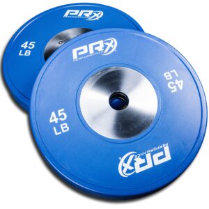 prx performance color elite bumper plate pairs, steel center insert with 2" sleeve hole, minimal bounce (45lb pair)