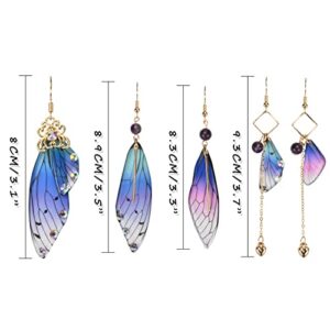 KESOCORAY 5 PCS 14K Cottagecore Earrings Handmade Fairy Cicada Butterfly Wings Earrings Crystal Dangle Jewelry for Women-Purple blue pink (Purple blue pink with diamonds)