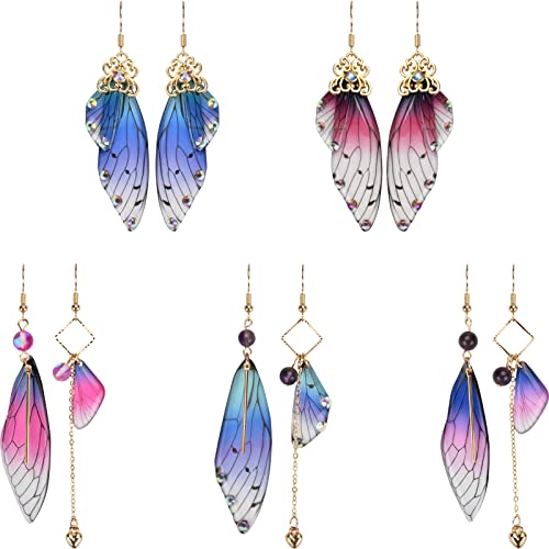 KESOCORAY 5 PCS 14K Cottagecore Earrings Handmade Fairy Cicada Butterfly Wings Earrings Crystal Dangle Jewelry for Women-Purple blue pink (Purple blue pink with diamonds)