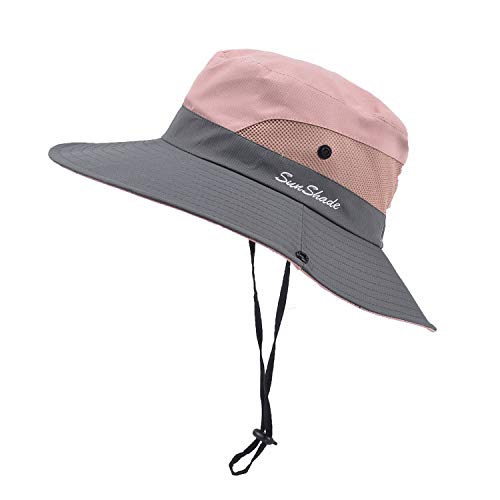 Womens Summer Sun-Hat Outdoor UV Protection Fishing Hat Wide Brim Foldable-Beach-Bucket-Hat with Ponytail-Hole Pink