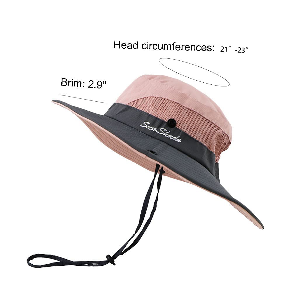 Womens Summer Sun-Hat Outdoor UV Protection Fishing Hat Wide Brim Foldable-Beach-Bucket-Hat with Ponytail-Hole Pink