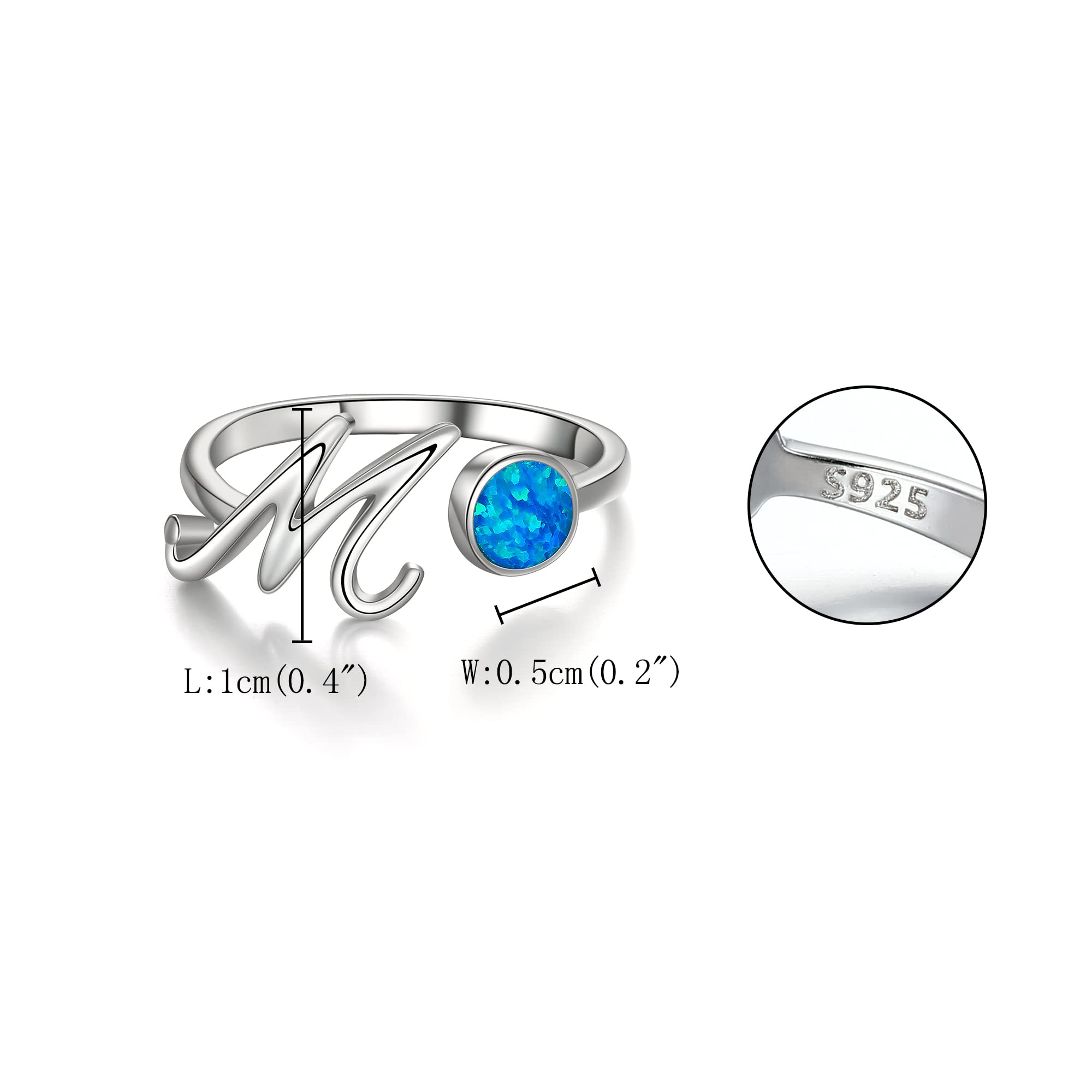 FANZE Mothers Day Gifts 925 Sterling Silver Initial Ring Opal Letter Ring for Women Alphabet Open Ring Adjustable Elegant