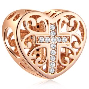 Rose Gold Faith Cross Heart Charms with Clear CZ, fits Pandora Christian Bracelet, 925 Sterling Silver Religious Prayer Beads, Gifts for Christmas/Easter/Mothers Day