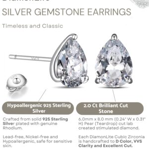 DiamonLite 2 Ct Teardrop CZ 925 Sterling Silver Studs Earrings for Women and Men - Pear Cubic Zirconia Earrings Studs, 925 Silver Cubic Zirconia Earrings, Silver Studs Earrings for Women and Men