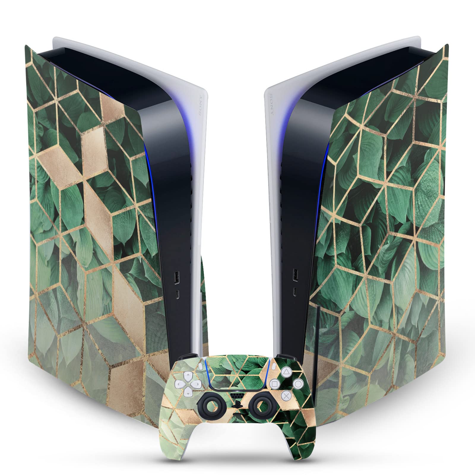 Leaves and Cubes Art Mix Vinyl Faceplate Sticker Gaming Skin Case Cover Compatible with Sony Playstation 5 PS5 Disc Edition Console & DualSense Controller