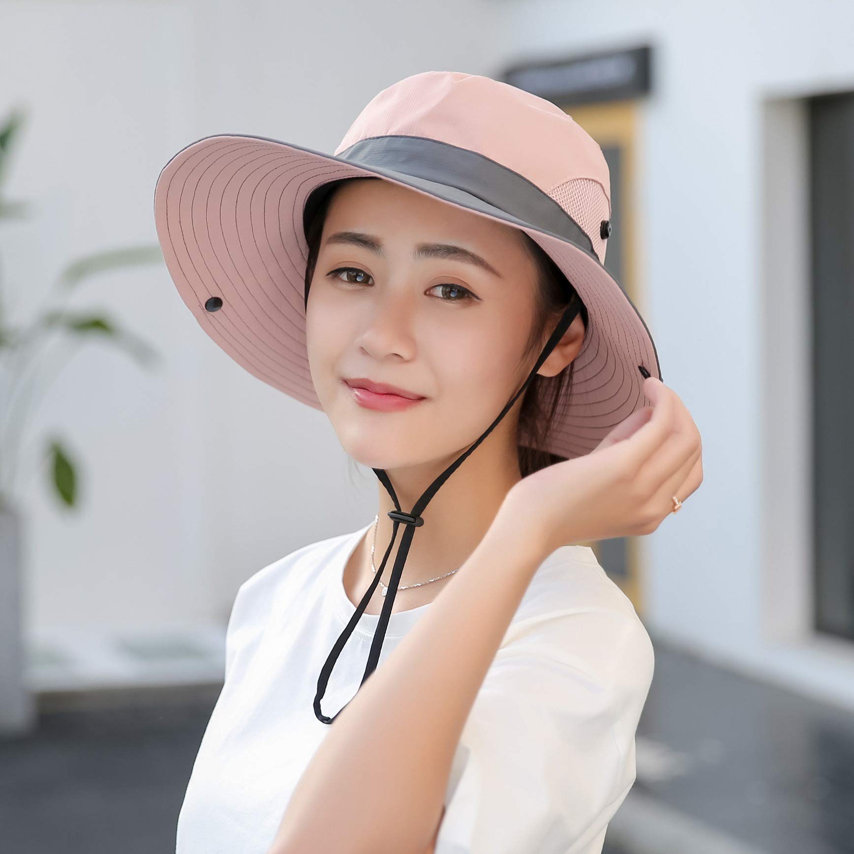 Womens Summer Sun-Hat Outdoor UV Protection Fishing Hat Wide Brim Foldable-Beach-Bucket-Hat with Ponytail-Hole Pink