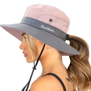 Womens Summer Sun-Hat Outdoor UV Protection Fishing Hat Wide Brim Foldable-Beach-Bucket-Hat with Ponytail-Hole Pink