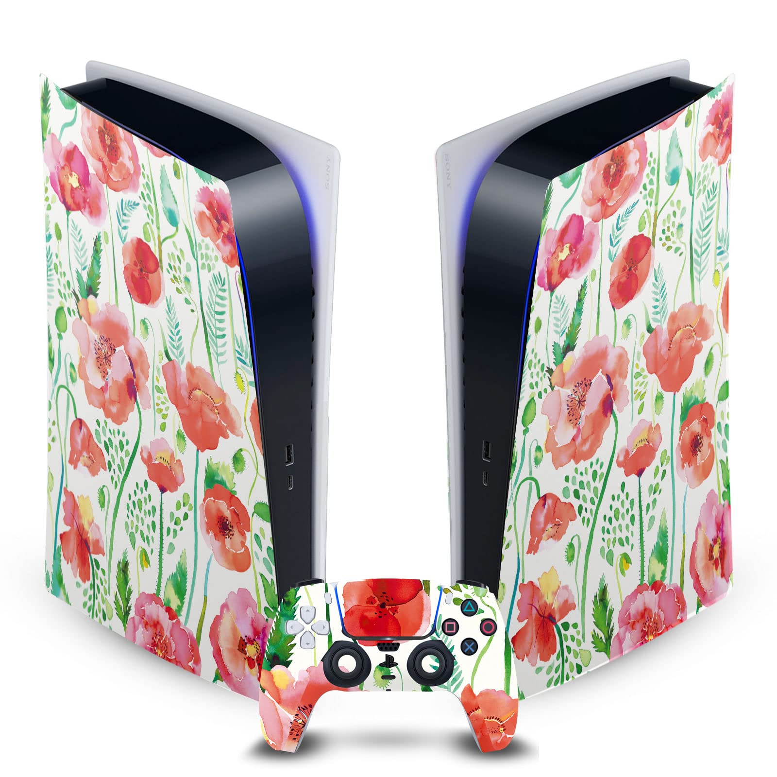 Head Case Designs Officially Licensed Ninola Red Flower Art Mix Vinyl Faceplate Sticker Gaming Skin Decal Cover Compatible with Sony Playstation 5 PS5 Digital Edition Console and DualSense Controller