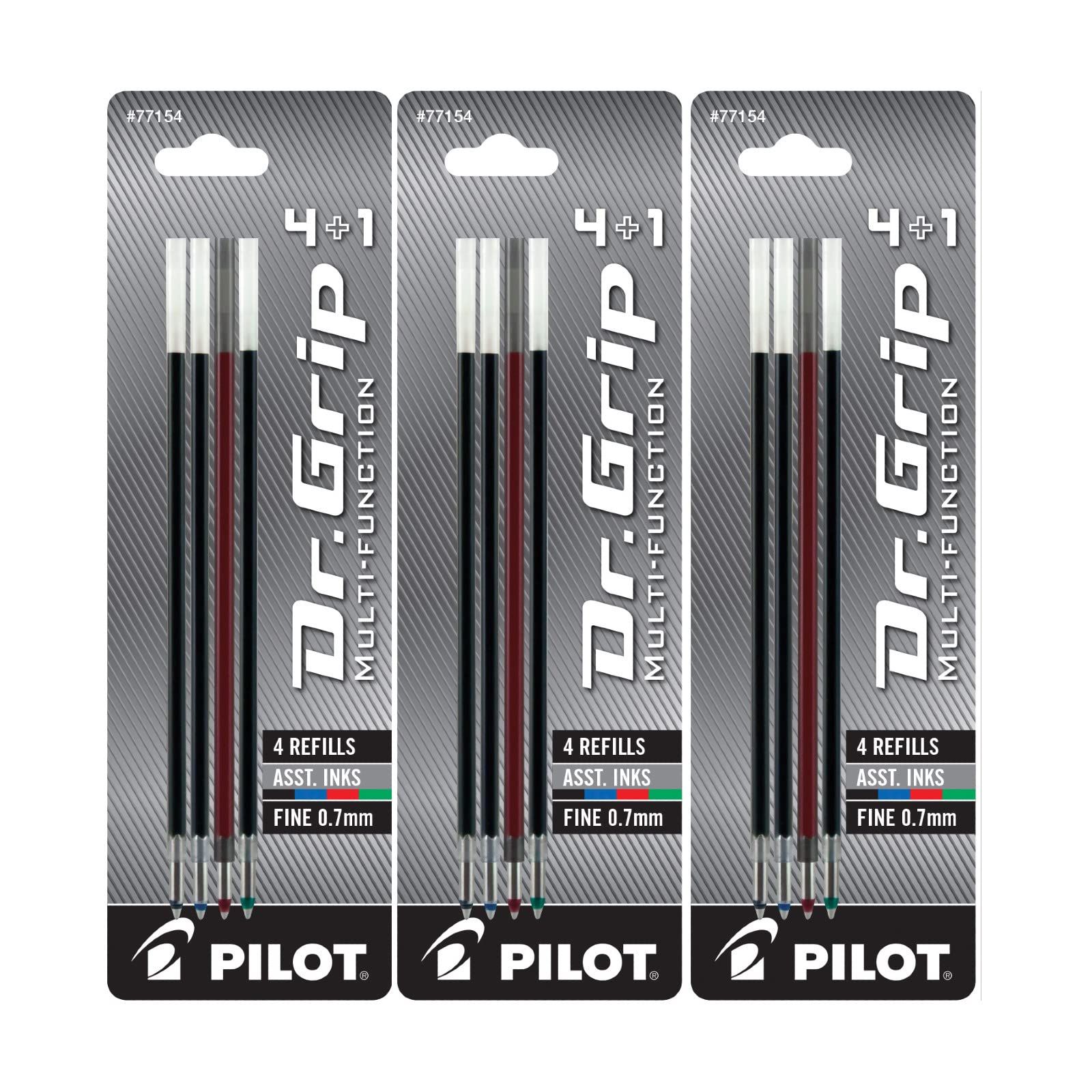 PILOT Dr. Grip 4+1 Multi-Function Ballpoint Ink Refills, Fine Point, Black/Red/Blue/Green Inks, 3 Pack