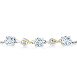 Gem Stone King 925 Silver and 10K Yellow Gold Bracelet For Women Round Sky Blue Aquamarine and Moissanite (1.52 Cttw)