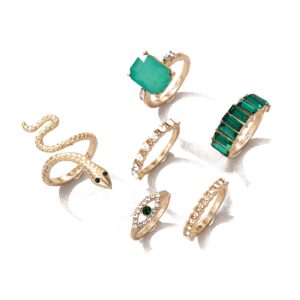 Caiyao 6Pcs Vintage Green Rhinestone Evil Eye Knuckle Joint Band Wrap Snake Finger Ring for Women Retro Jewelry-6Pcs