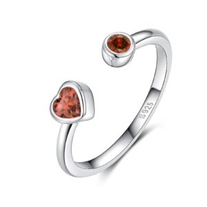 January Garnet Birthstone Heart Ring, 925 Sterling Silver Adjustable Birthstones Stackable Finger Open Rings Wedding Engagement Eternity Bands with Red CZ, Birthday Jewelry Gift for Women