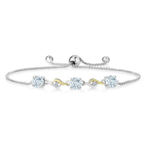 Gem Stone King 925 Silver and 10K Yellow Gold Bracelet For Women Round Sky Blue Aquamarine and Moissanite (1.52 Cttw)