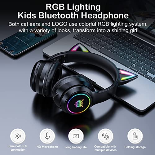 SIMGAL Bluetooth Cat Ear Headphones for Kids, Wireless & Wired Mode Foldable Headset with Mic, RGB LED Light, for Girls School Gaming, Compatible with Mobile Phones PC Tablet