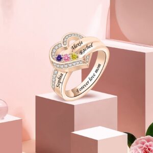 Personalized 1/2/3/4/5/6/7/8 Stones Rings for Her Heart Mother Ring with Simulated Birthstones Custom Mother Daughter Ring Jewelry for Women Engagement Name Promise Ring for Mom Wife Grandmother (3 Name)