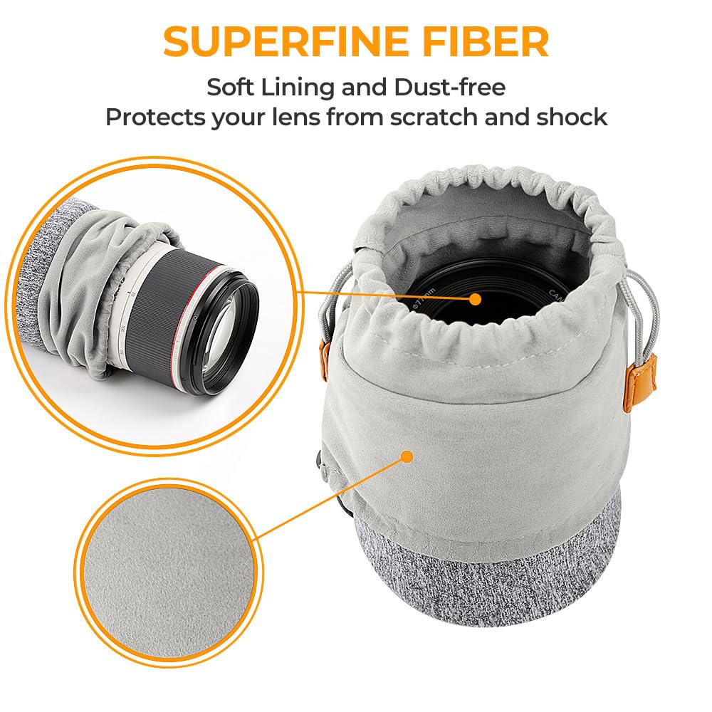 K&F Concept Lens Pouch 2-in-1 Expandable Camera Lens Bag Case Compatible for Canon Lenses 75-300mm, Nikon, Sony, Pentax, Olympus Camera Lens 10 x 18cm Protective Neoprene Soft Plush for DSLR Lenses