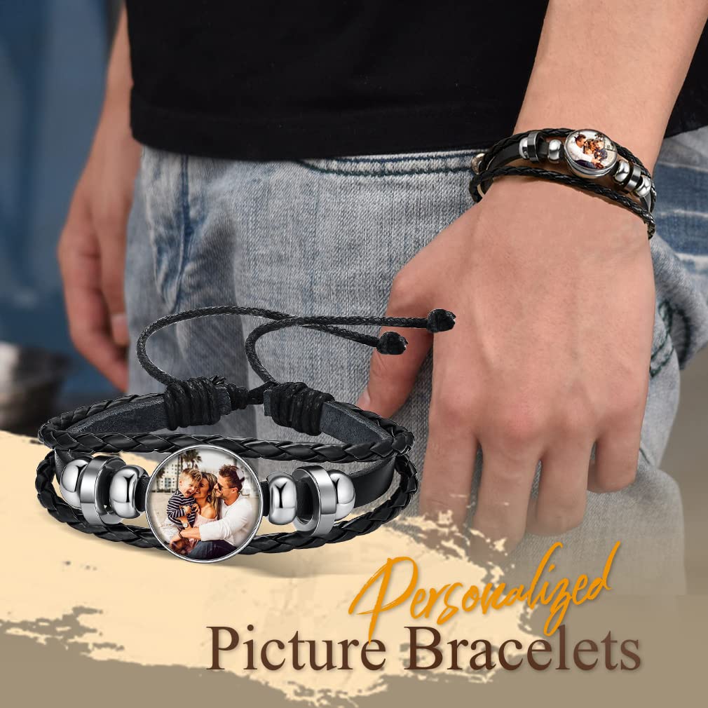 Custom4U Personalized Photo Bracelets PU Braided Leather Charm Photo Bracelets Women Men Christmas Gifts