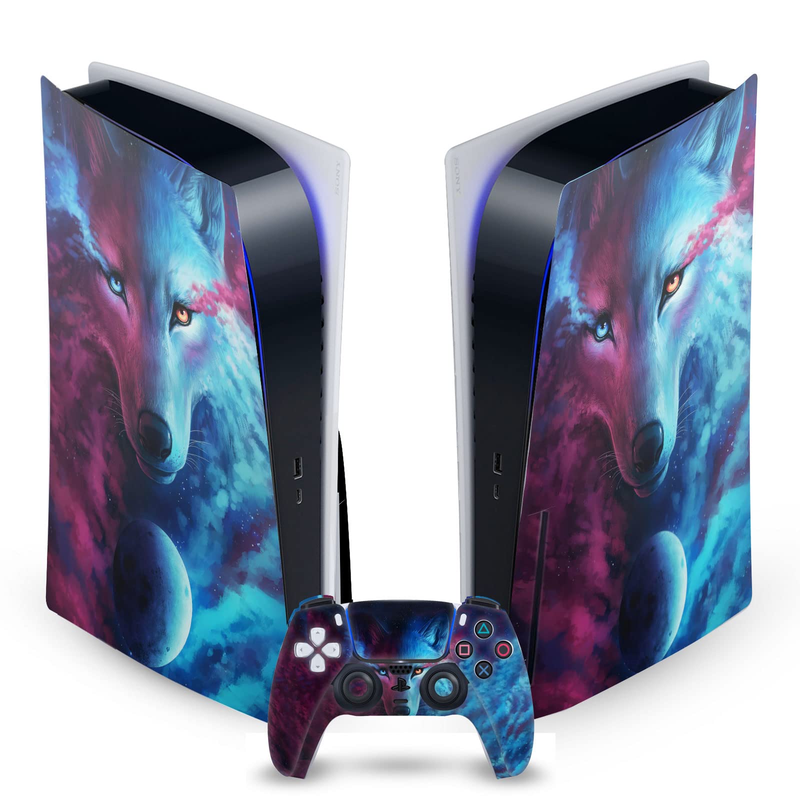 Wolf Galaxy Art Mix Matte Vinyl Faceplate Sticker Gaming Skin Case Cover Compatible with Sony Playstation 5 PS5 Disc Edition Console & DualSense Controller