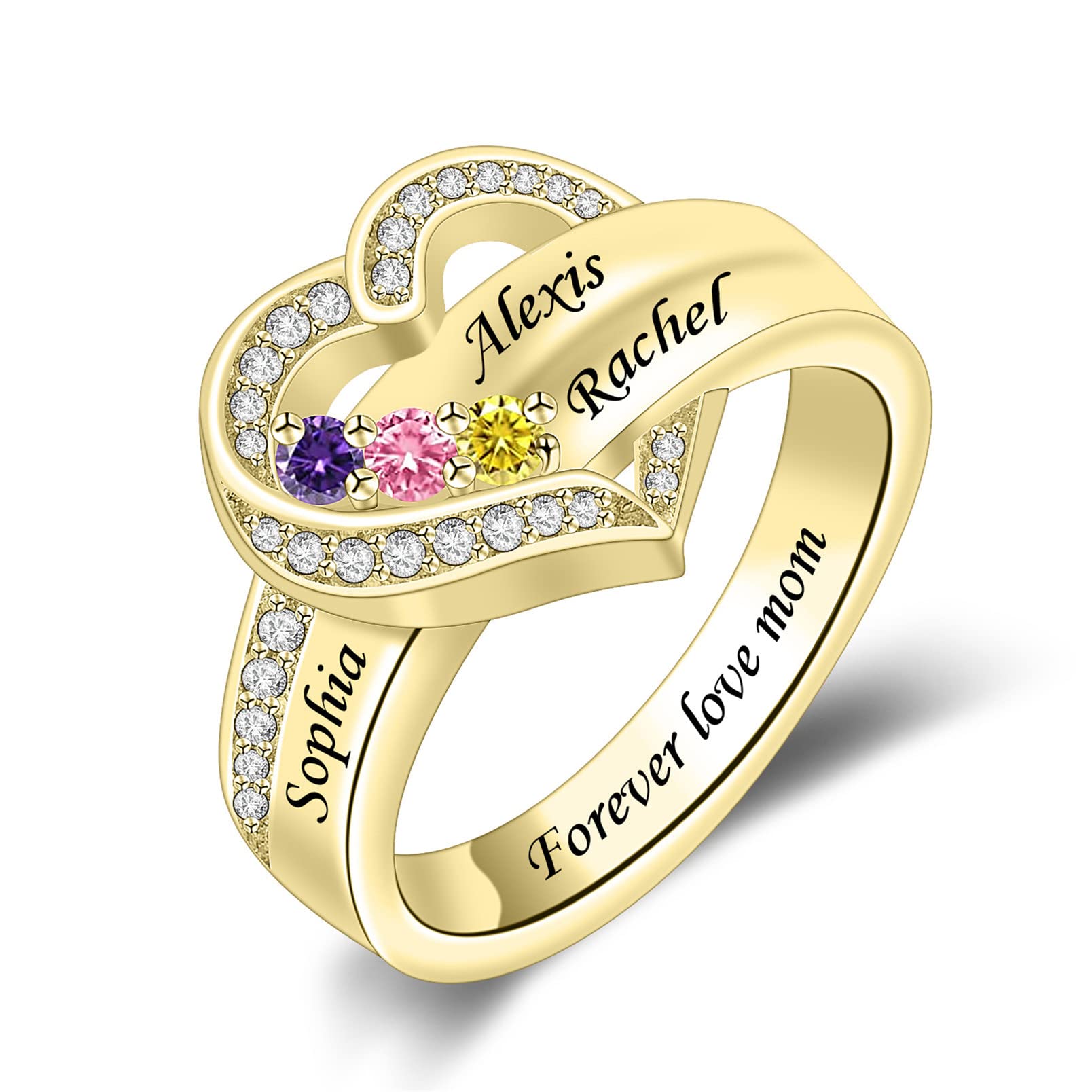 Personalized 1/2/3/4/5/6/7/8 Stones Rings for Her Heart Mother Ring with Simulated Birthstones Custom Mother Daughter Ring Jewelry for Women Engagement Name Promise Ring for Mom Wife Grandmother (3 Name)