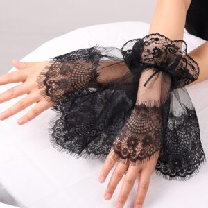 Girls Women Lace Ruffle Cuffs Steampunk Wrist Cuff (Black 1)