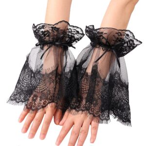 Girls Women Lace Ruffle Cuffs Steampunk Wrist Cuff (Black 1)