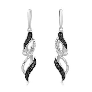 Jewelili Sterling Silver Treated Black and Natural White Round Diamond Accent Twisted Infinity Dangle Earrings