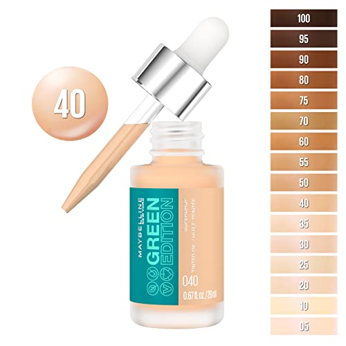 Maybelline Green Edition Superdrop Tinted Oil Base Makeup, Adjustable Natural Coverage Foundation Formulated With Jojoba & Marula Oil, 40, 1 Count