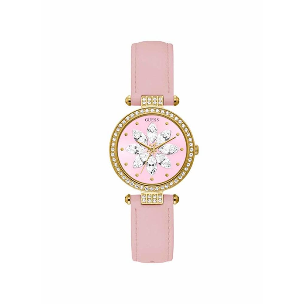 GUESS Ladies Trend Crystal 32mm Watch – Gold-Tone Stainless Steel Case Pink Dial & Pink Genuine Leather Strap