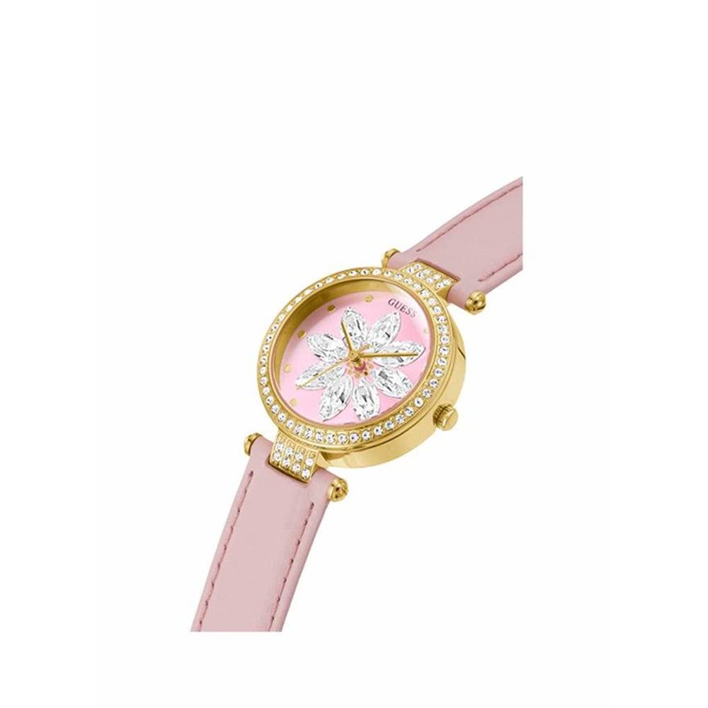 GUESS Ladies Trend Crystal 32mm Watch – Gold-Tone Stainless Steel Case Pink Dial & Pink Genuine Leather Strap