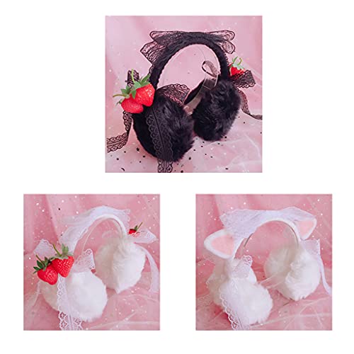 kaixinbukaixin Ear Muffs Cat Ear White Strawberry Black Lolita Cute Ear Muffs Winter Ear Warmers Faux Fur Outdoor Ear Covers,Black Strawberry