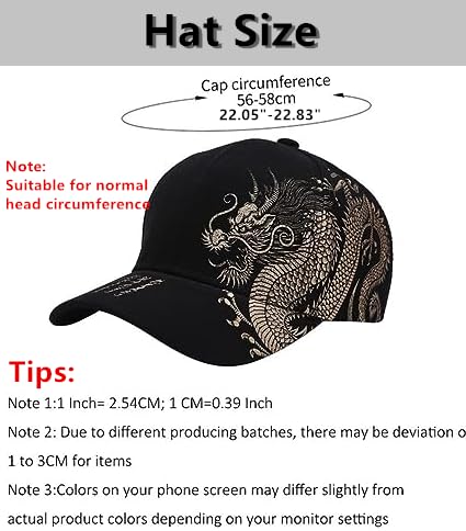 ZRSYH Baseball Cap Chinese Dragon Hat Embroidered Hats Stylish Hip Hop Hats Adjustable Baseball Cap Retro Chinese Style Baseball Cap,Black