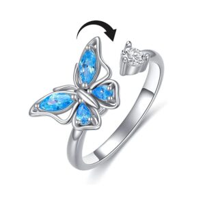 blue cubic zirconia butterfly spinner fidget statement rings for women for anxiety rotate freely inspirations jewelry calming worry meditation crochet loop expandable adjustable stacking middle finger ring daughter dainty birthday bff lover