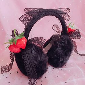 kaixinbukaixin Ear Muffs Cat Ear White Strawberry Black Lolita Cute Ear Muffs Winter Ear Warmers Faux Fur Outdoor Ear Covers,Black Strawberry