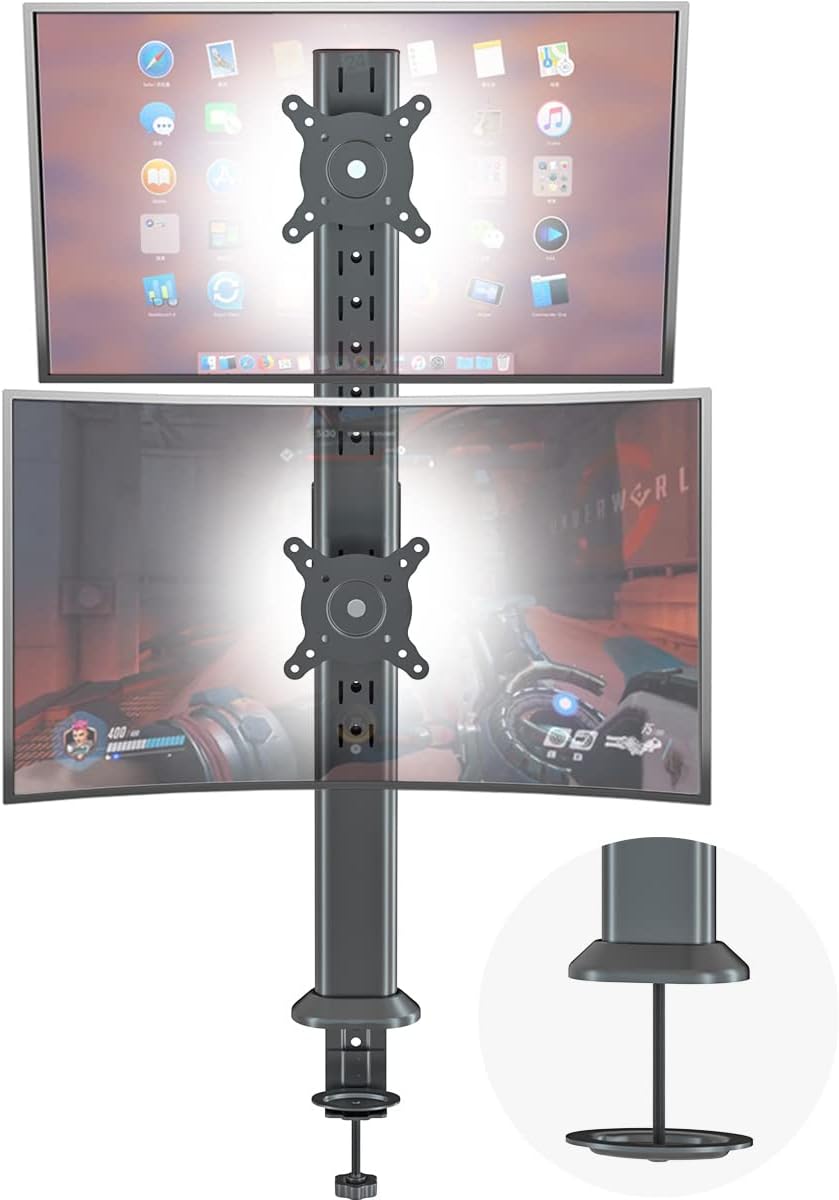 Hemudu Dual Monitor Articulating Desk Mount Arm Stand - Vertical Stack Screen Supports Two 13 to 34 Inch Computer Monitors with C Clamp