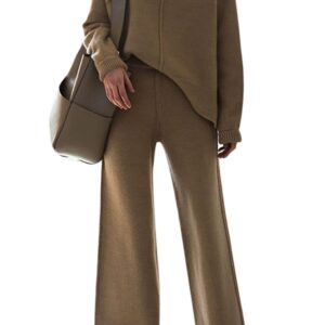 Fixmatti 2 Piece Set Women High Neck Loose Sweater Jumper Tracksuit Knitted Pants Sets Sweatsuit Outfit Brown XL