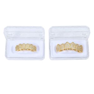 COLORFUL BLING 18k Gold Plated All Iced Out Luxury Cubic Zirconia CZ Teeth Grillz Set Top & Bottom Grill Removable Hip Hop Halloween Party Gothic Accessories with Extra Molding Bars-Gold Bottom