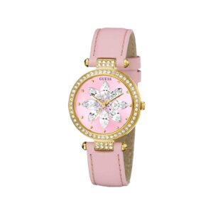 GUESS Ladies Trend Crystal 32mm Watch – Gold-Tone Stainless Steel Case Pink Dial & Pink Genuine Leather Strap