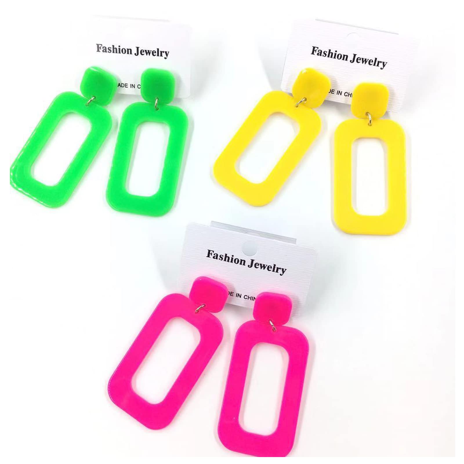 Vintage Minimalist Multicolor Acrylic Geometric Square Hollow Drop Dangle Neon Earrings Retro 80s Party Costume Accessory Jewelry for Women-pink