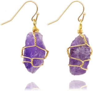 generic amethyst earrings, handmade wire wrap crystal natural irregular raw healing for women, fish hook dangle earrings jewelry, purple, gold, pendant size is about 0.47~0.83in