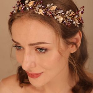 Denifery Red Hair Vine Crystal Wedding Headband - Fall Boho Bridal Hair Piece with Gold Leaf for Women and Girls