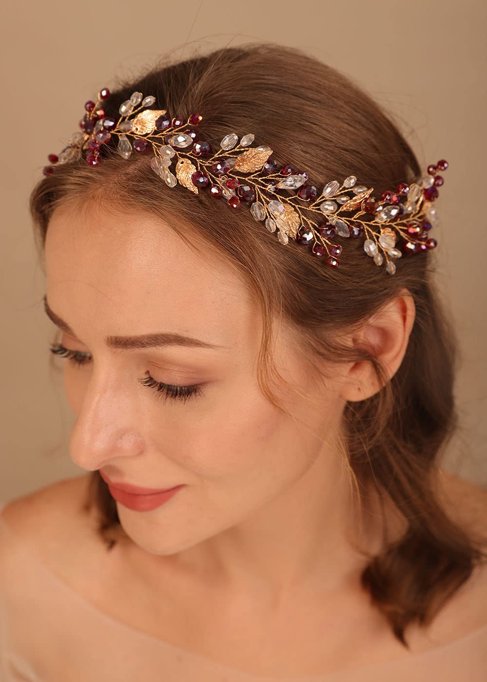 Denifery Red Hair Vine Crystal Wedding Headband - Fall Boho Bridal Hair Piece with Gold Leaf for Women and Girls