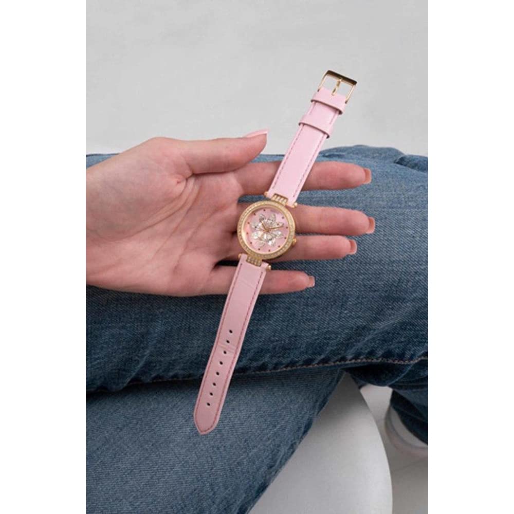 GUESS Ladies Trend Crystal 32mm Watch – Gold-Tone Stainless Steel Case Pink Dial & Pink Genuine Leather Strap