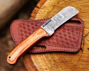 lh limassol custom handmade damascus steel bull cutter knife , cowboy knives with pancake leather sheath