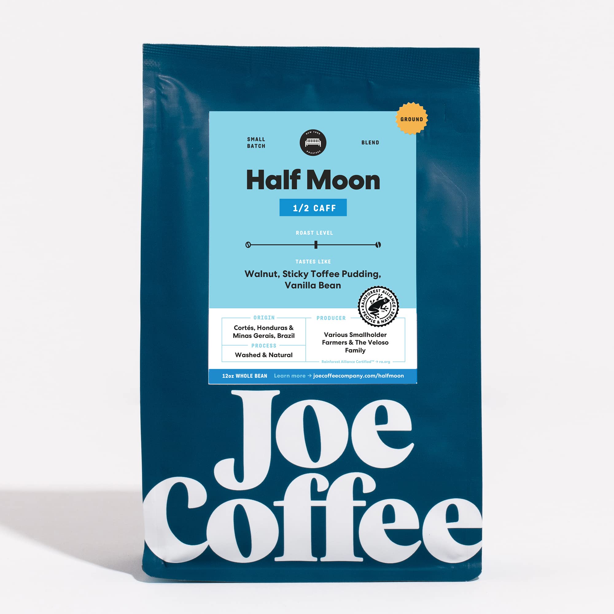 Joe Coffee Company (NYC Roaster), Half Moon Half Caffeinated Ground Coffee, 12 oz Bag, RFA Certified, Kosher, Climate Friendly, Specialty Coffee