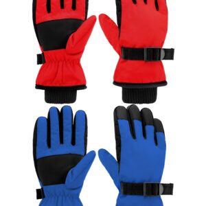 Eurzom 2 Pairs Kids Winter Gloves Waterproof Ski Gloves Windproof Warm Unisex Ski Gloves Warm Snow Gloves with Hook and Loop(Red, Blue, for 6-13 Years)